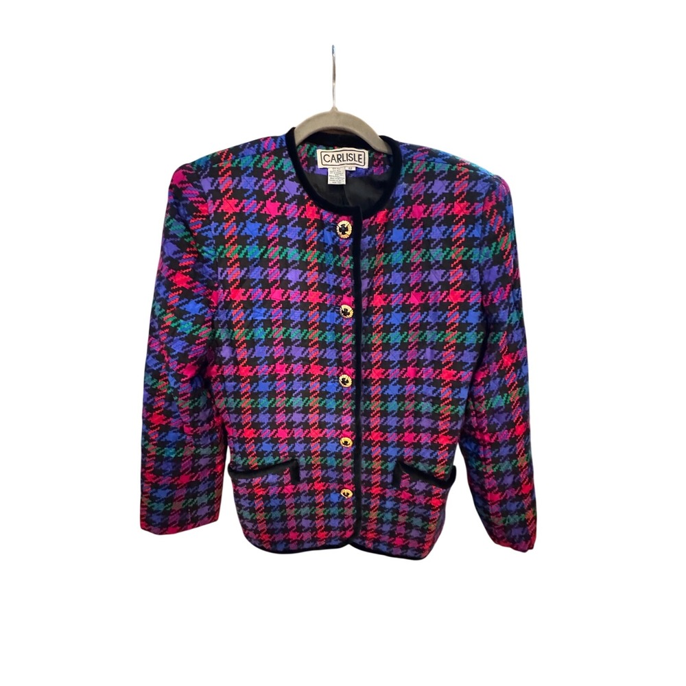 80s Carlisle Houndstooth Quilted Silk Wool Blazer Jkt‎ Womens Modern Size 4 / 6
